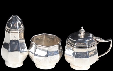 An Art Deco George V silver 3-piece cruet set, Elkington & C...