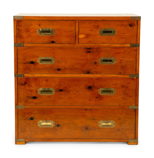 An English Burl Yew and Walnut Brass Mounted Two-Part Campaign Chest of Drawers