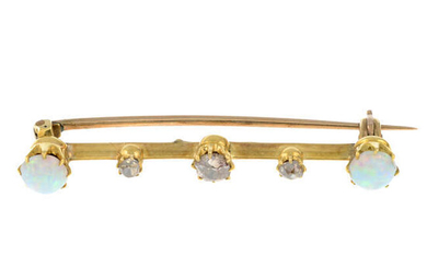An early 20th century gold opal and old-cut diamond bar brooch.