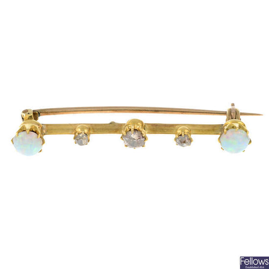 An early 20th century gold opal and old-cut diamond bar brooch.