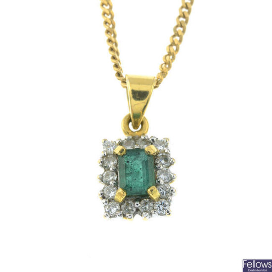An emerald and brilliant-cut diamond cluster pendant, with chain.