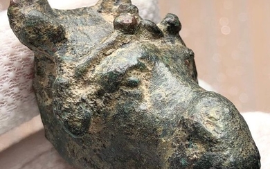 Ancient Roman Bronze Expressive Head of a Restrained Horse with an open mouth and with in very Realistic Style.