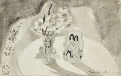 Anne Redpath ARA ARWS RSA, Scottish 1895-1965 - Still Life with Staffordshire Figure, 1955; ink wash on paper, signed lower right 'Anne Redpath', 35.3 x 55 cm (ARR) Provenance: with Mercury Gallery, London (according to the label attached to the...