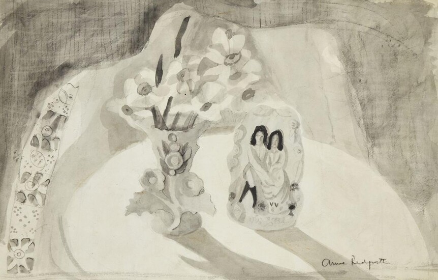 Anne Redpath ARA ARWS RSA, Scottish 1895-1965 - Still Life with Staffordshire Figure, 1955; ink wash on paper, signed lower right 'Anne Redpath', 35.3 x 55 cm (ARR) Provenance: with Mercury Gallery, London (according to the label attached to the...