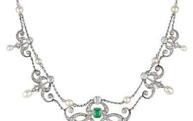 Antique Emerald Diamond and Pearl Necklace