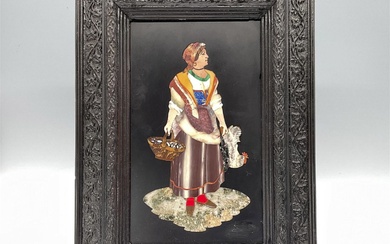 Antique Framed Pietra Dura Plaque, Lady with Chicken