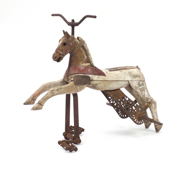 Antique French carved wooden cast iron ride on pedal horse, ...