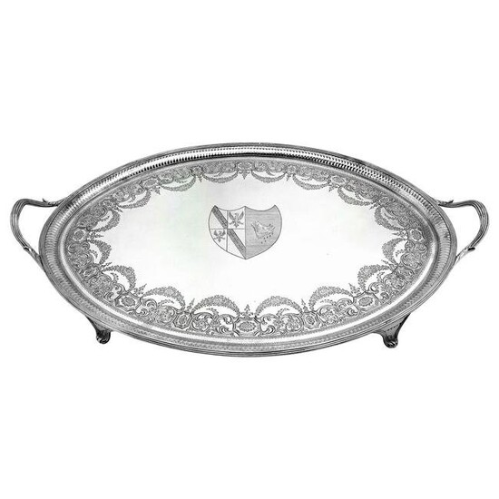 Antique Georgian George III Sterling Silver Tea Tray / Oval Serving Tray, 1788