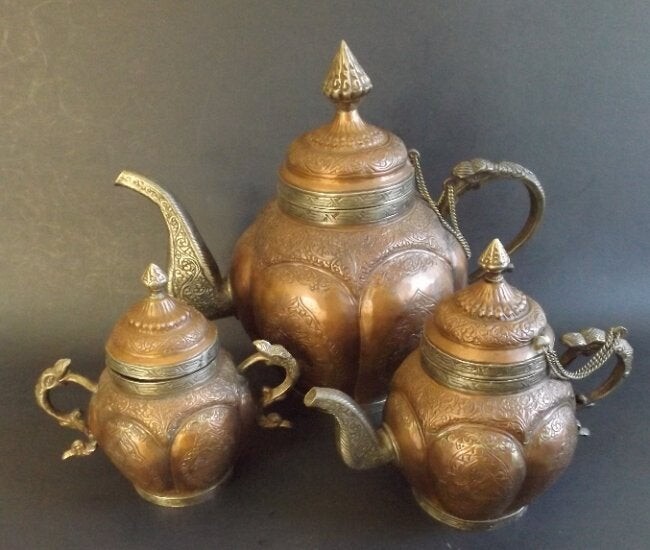 Antique Tibetan copper tea set 3 vessels handmade