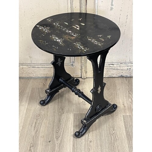Antique Victorian papier Mache black lacquer side table with...