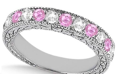 Antique style Pink Sapphire and Diamond Wedding Ring 14kt White Gold 1.05ctw
