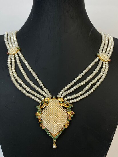 Argento vermeil 18kt - 925 Silver - Necklace with pendant - Emeralds, Pearls, Rubies, mirco pearls