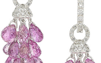 Assil Pink Sapphire, Diamond, White Gold Earrings Stones: Briolette-cut...