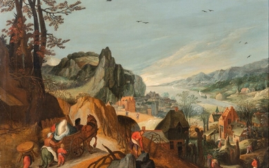 Attributed to Gillis Mostaert (ca. 1534-1598), landscape with travellers, oil on panel, 40 x 55...