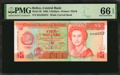 BELIZE. Lot of (6). Central Bank of Belize. 2 & 5 Dollars, Mixed Dates. P-Various. PMG Gem Uncirculated 65 EPQ & 66 EPQ.