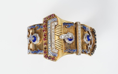 Bracelet ancien en or rose et argent en forme de boucle, 14 carats, serti de...