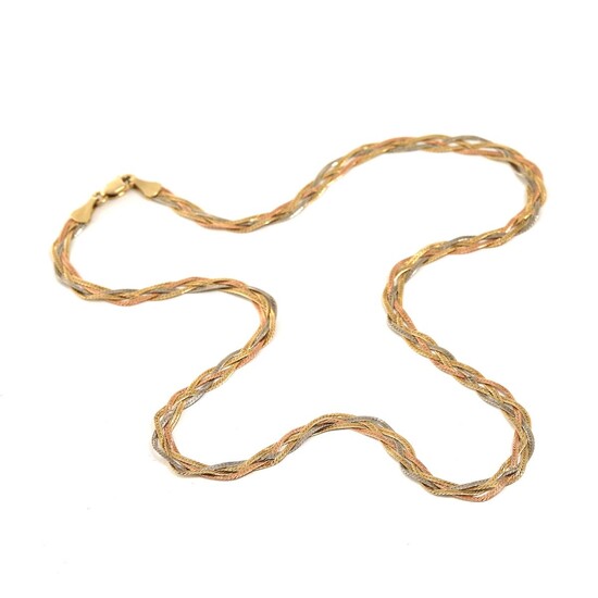 SOLD. Braided necklace of 14k tricoloured gold. L. 48 cm. Weight app. 8.5 g. – Bruun Rasmussen Auctioneers of Fine Art
