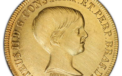 Brazil: , Pedro II gold "Azevedo" 6400 Reis 1832-R AU Details (Harshly Cleaned) PCGS,...