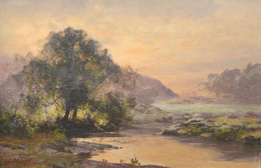 British School, 19th Century- River landscape with mountains in the distance a sunset; oil on board, indistinctly signed, 16 x 24 cm