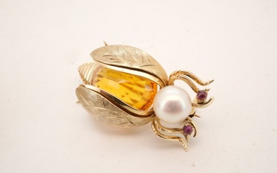 Brooch - 18 kt. Yellow gold Sapphire - Pearl