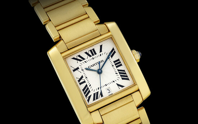 CARTIER. AN 18K GOLD AUTOMATIC WRISTWATCH WITH SWEEP CENTRE SECONDS, DATE AND BRACELET TANK FRANCAISE MODEL, REF. 1840
