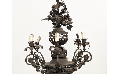 CHANDELIER, patinated metal of six lights, approx 98cm H x 6...