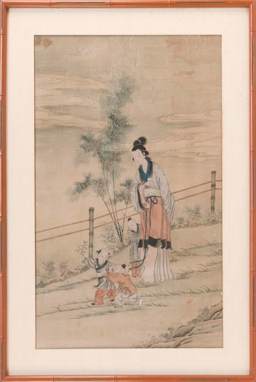 CHINESE PAINTING ON SILK Depicting a woman and three children on a pathway lined with bamboo. 31" x 18.5" sight. Framed 38" x 28".