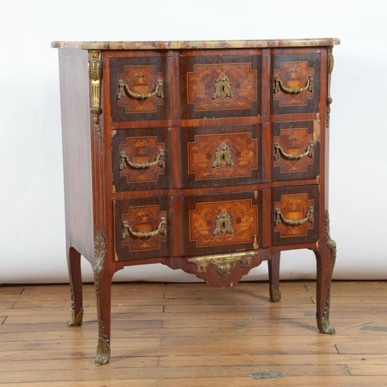 COMMODE in marquetry opening with three drawers, top...