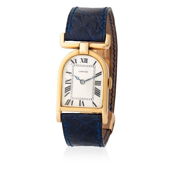 Cartier. Highly Attractive and Rare Calandre Allongée Bell-Shape Wristwatch in Yellow Gold, With Silver Roman Numerals