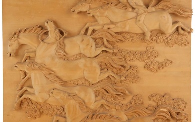 Carved Wood Plaque of Figures and Horses