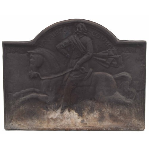 Cast iron fire back portraying Fairfax on horseback, inscrib...
