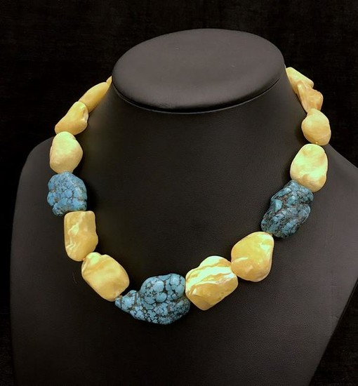 Certif. Vintage Baltic amber, turquoise necklace