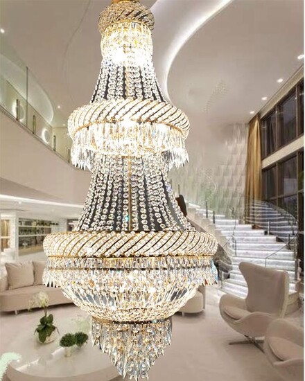 Chandelier, Exclusive Three-Storey Design Lamp - with Swaroviski Crystals - Gold Plated - 14 Spotlights (1)