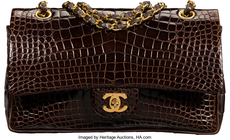 Chanel Shiny Chocolate Crocodile Medium Double Flap Bag with...