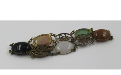 Chinese 14ct gold bracelet set five oval hard stones intersp...