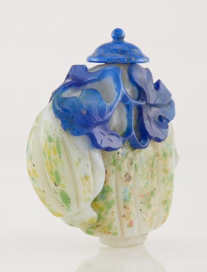 Chinese Blue Overlay Multi-Colored Glass Gourd-Form Snuff Bottle