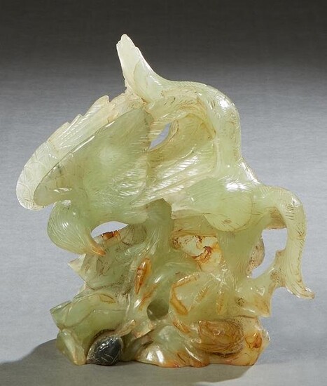 Chinese Carved Jade Figural Bird Group, 20th c., H.- 8