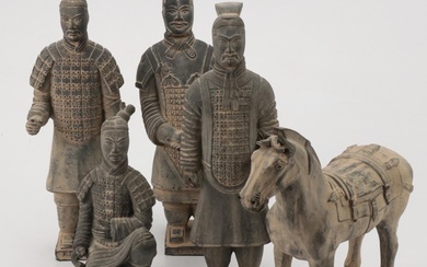 Chinese Earthenware Tang Style Warriors and Horse Figurines