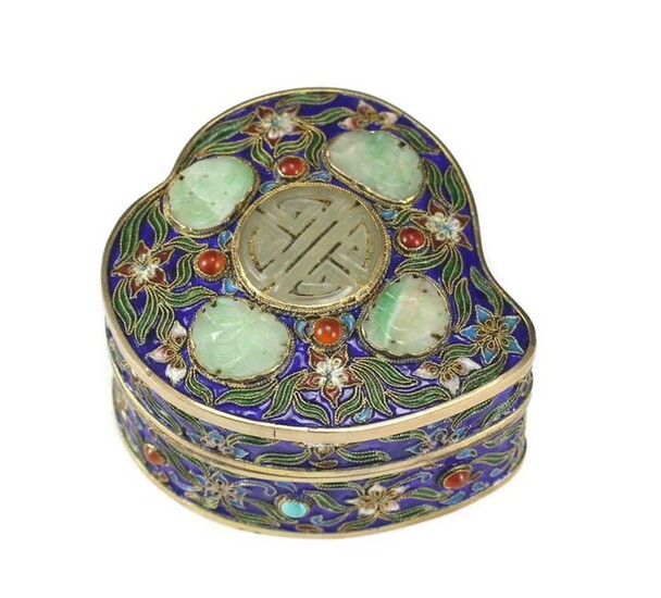Chinese Gilt Silver Cloisonne Box with Jade Medallions