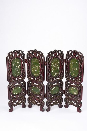 Chinese Green Jade and Rosewood Table Screens