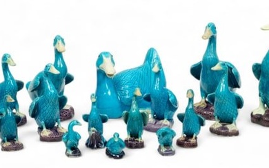 Chinese Turquoise Glaze Porcelain Duck Figurines, Ca. 20th C., H 6" W 5" L 7.5" 17 pcs