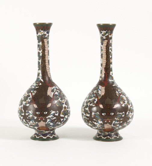 Chinese White Ground Dragon Decorated Cloisonné Bottled Vases, circa 1900 A8WB A8WBW