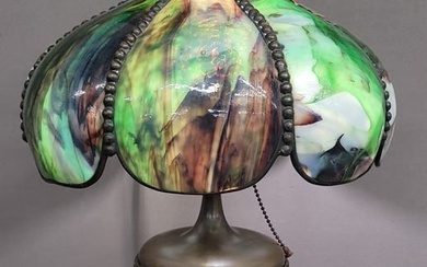 Circa 1900 Gas Slag Glass Table Lamp - now electric - with unique brass base antique tulip shade