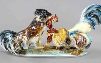 Cockfight, 1920-40s, Romania, two fighting roosters on an oval base, u. inscribed, Szabo Zoltan
