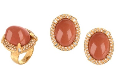 Coral, Diamond and 14K Ring and Earrings