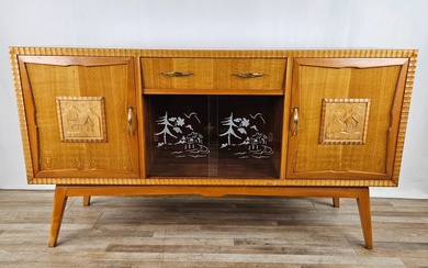 Credenza - Art Deco sideboard in maple with sliding glass - Glass, Maple