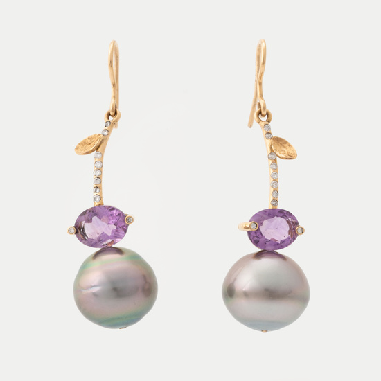 Cultured Tahiti pearl, amethyst and brilliant cut diamond earrings