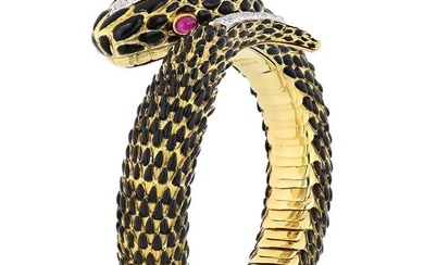 David Webb Gold, Emerald, Ruby and Diamond Snake Charmer Bracelet