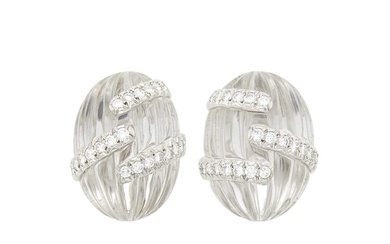 David Webb Pair of White Gold, Platinum, Carved Rock Crystal and Diamond Bombé Earclips
