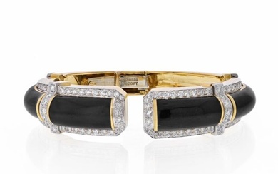 David Webb Platinum & 18K Yellow Gold Black Enamel And Diamond Hinged Bracelet